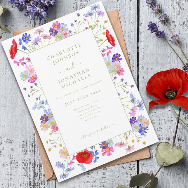 Convite Casamento por Aquarela de Flores Selvagens Moderna (Modern Colorful wildflower sage green typography wedding invitation boho chic watercolor floral)