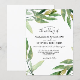 Convite Casamento por Aquarela de Folhas Verdes Botânicas