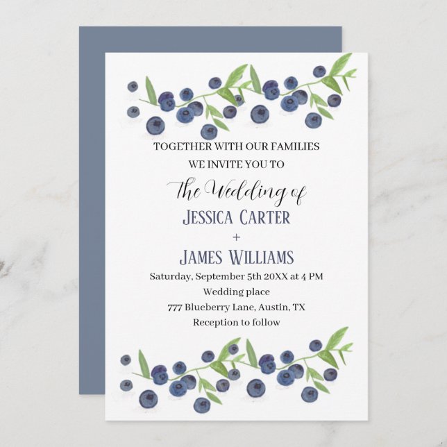 Convite Casamento por Aquarela de Fruta Blueberry (Frente/Verso)