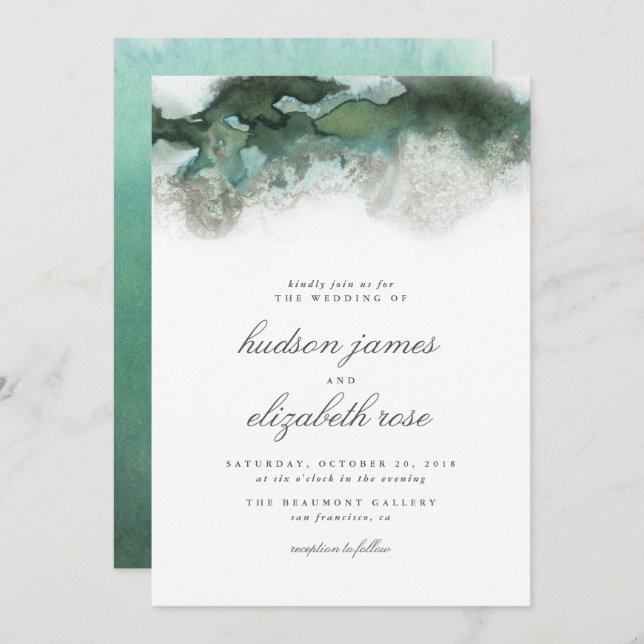 Convite Casamento por Aquarela de Ombre Verde do Oceano El (Frente/Verso)