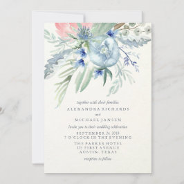 Convite Casamento por Aquarela de Peonia Azul e Rosa