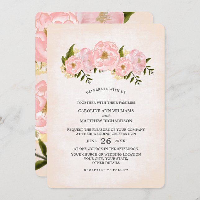 Convite Casamento por Aquarela de Peônias Rosa Escamosas (Frente/Verso)