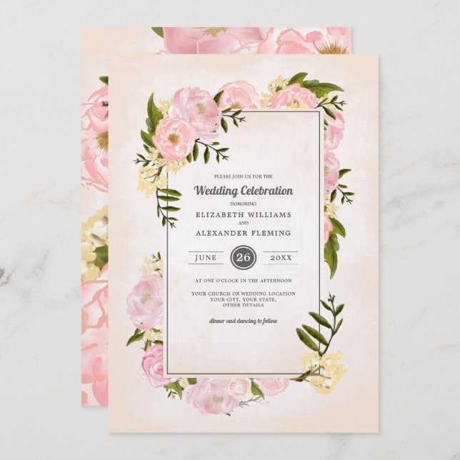 Convite Casamento por Aquarela de Peônias Rosa Escamosas (Frente/Verso)