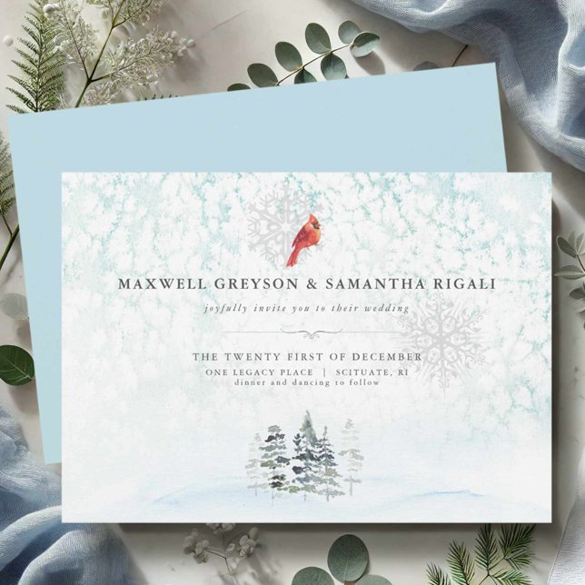 Convite Casamento Por Aquarela De Pinças De Inverno Elegan (Blue wedding invitations watercolor winter scene with red cardinal.)