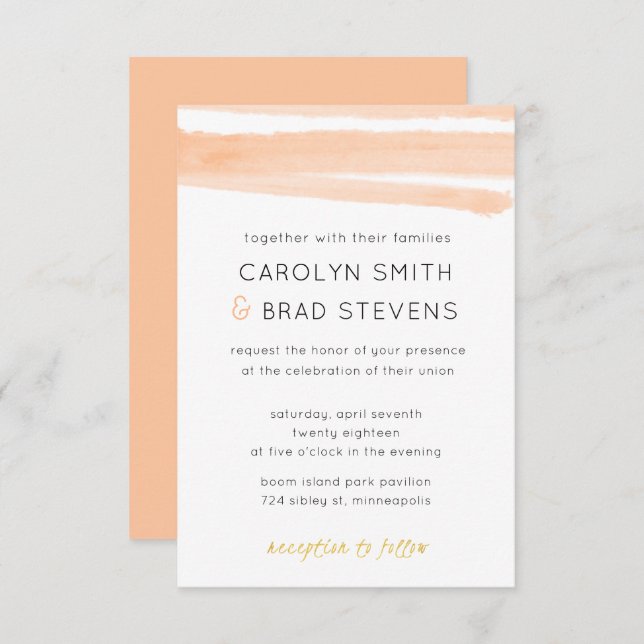 Convite Casamento por Aquarela Dourada com Blush (Frente/Verso)