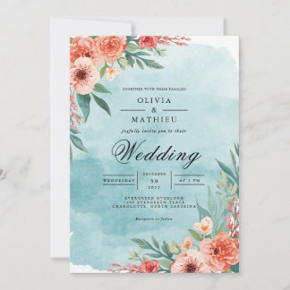 Convite Casamento por Aquarela Floral de Pêssego Airy