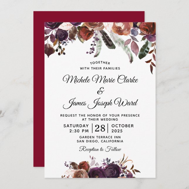 Convite Casamento por Aquarela Floral Moderno Burgundy (Frente/Verso)