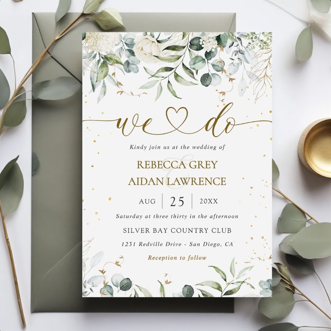 Convite Casamento por Aquarela Floral Verde Cinza Branca (Criador carregado)