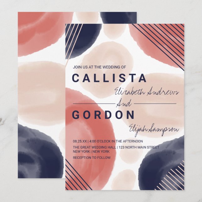 Convite Casamento por Aquarela Moderno do Marinho Terracot (Frente/Verso)