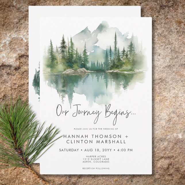 Convite Casamento por Aquarela Rustic Mountain Lake Scene (Rustic Mountain Lake Scene Watercolor Wedding Invitation)