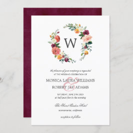 Convite Casamento por Monograma de Wreath Floral de Countr