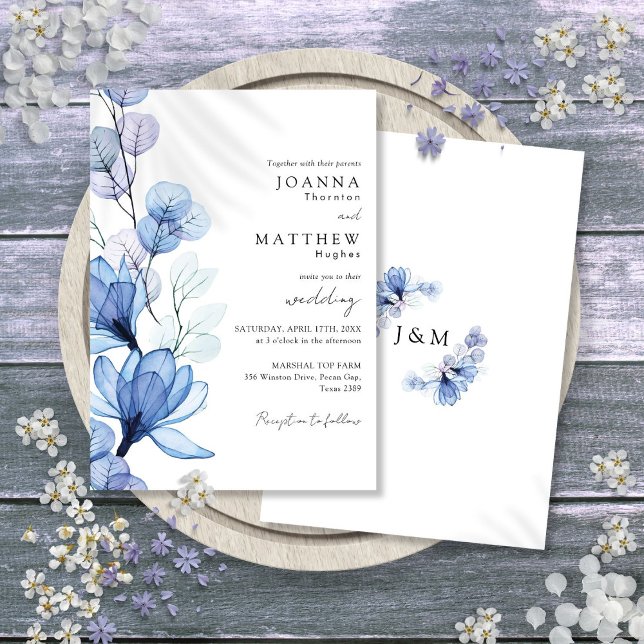 Convite Casamento por Monograma Transparente e Azul Dusty (Dusty Blue Transparent Floral Monogram Wedding Invitation)