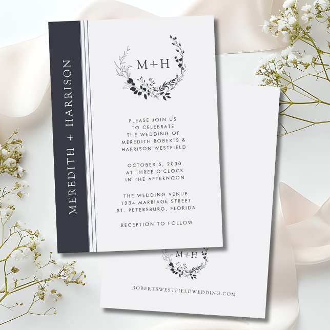 Convite Casamento por morte do monograma branco e preto (Monogram Wreath Black and White Inked Botanical Wedding Invitation)