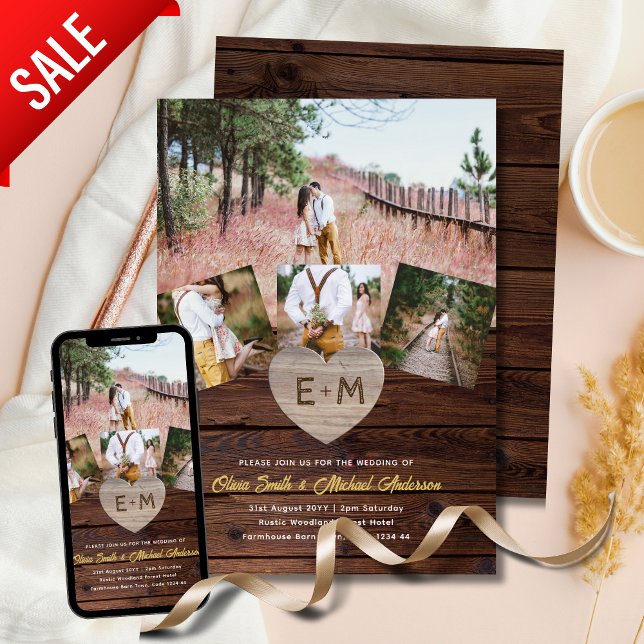 Convite Casamento por País | Colagem de Fotografias Rústic (Criador carregado)