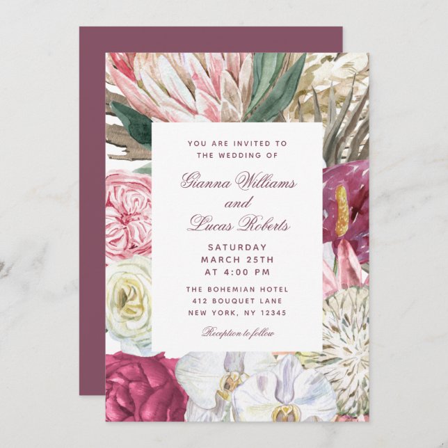 Convite Casamento por País Floral Boho Boho (Frente/Verso)