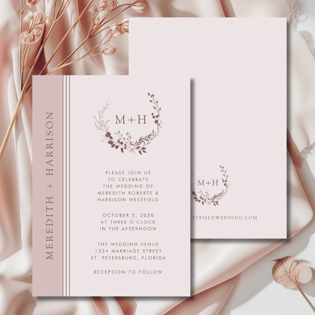 Convite Casamento por rosa Dourado do Monograma e Verruga (Rose Gold Blush Monogram Wreath Wedding Invitation)