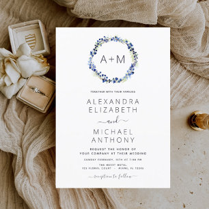 Convite Casamento por terra floral azul monograma Dusty