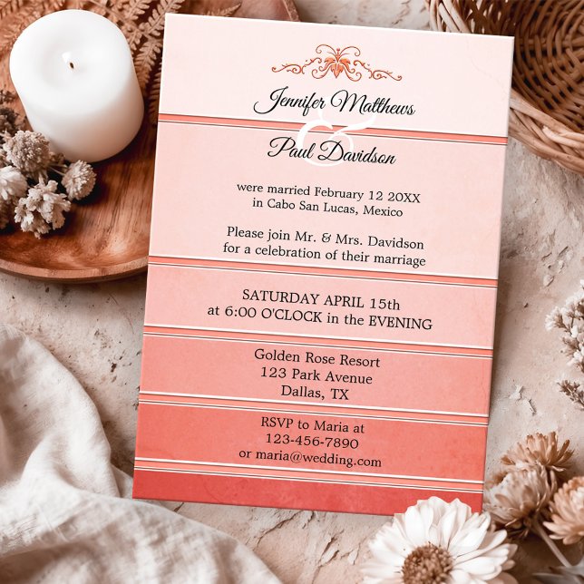 Convite Casamento Poste Coral Rosa Ton sur Ton Striped (After wedding or post wedding invitation featuring a ton sur ton coral and pink striped design)