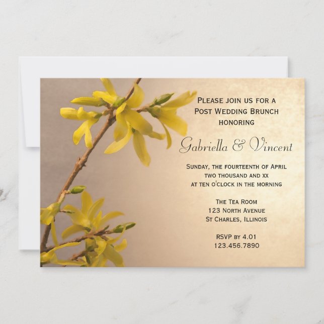 Convite Casamento Poste Forsythia Primavera Amarelo Brunch (Frente)