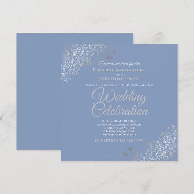 Convite Casamento Praça Azul Elegante Silver Filigree (Frente/Verso)