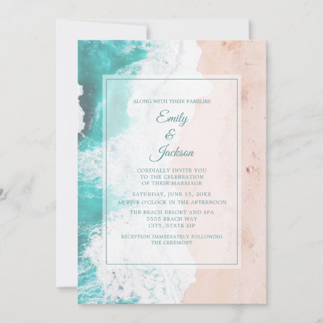 Convite Casamento Praia Oceano Tropical Turquesa Branco Ma (Frente)