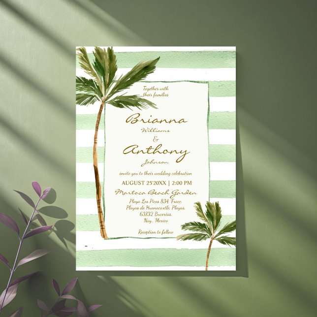Convite Casamento praial de listras verdes (Green stripes palms handrawn retro beach wedding invitation cards template instant download)