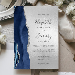 Convite Casamento Prata Ágata Azul Marinho Moderno