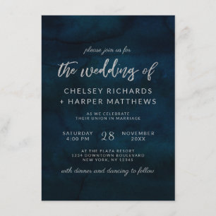 Convite Casamento Prata Azul Escuro Lustre Aquarela