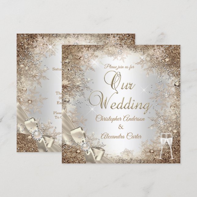 Convite Casamento Prata Bege Creme Pérola Arco Floco de Ne (Frente/Verso)