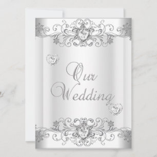Convite Casamento Prata Branco Diamante Corações