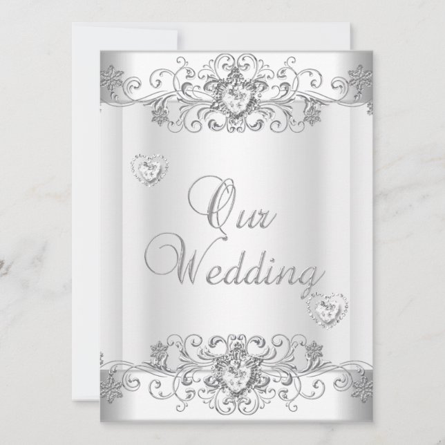 Convite Casamento Prata Branco Diamante Corações (Frente)