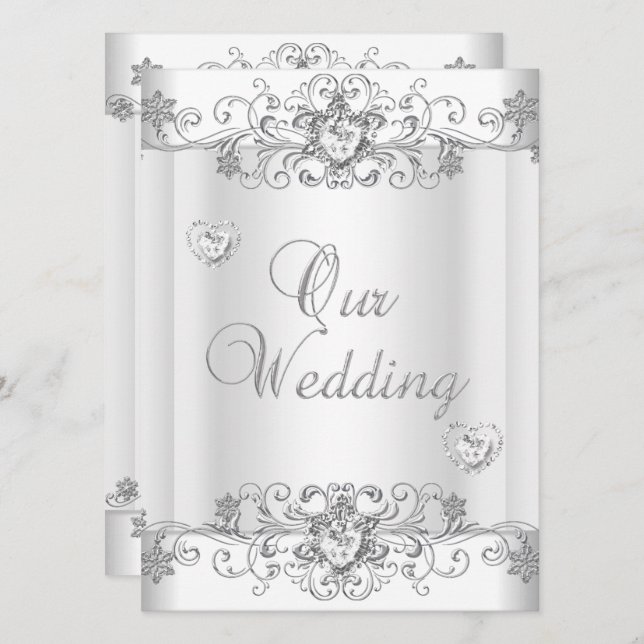 Convite Casamento Prata Branco Diamante Corações (Frente/Verso)
