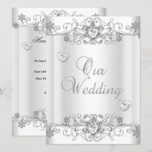 Convite Casamento Prata Branco Diamante Corações