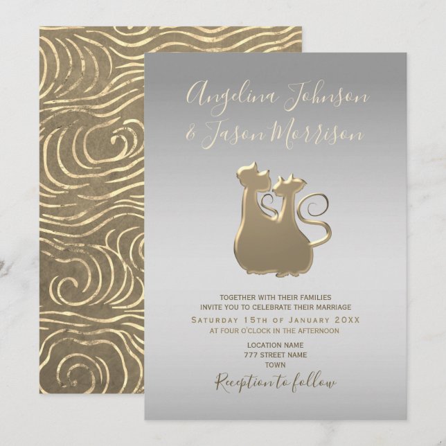 Convite Casamento Prata e Ouro Chic (Frente/Verso)