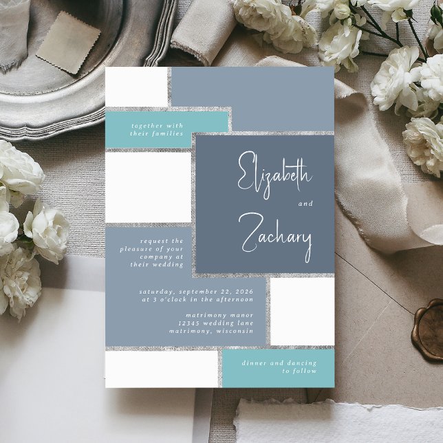 Convite Casamento Prata Vidro Azul Moderno Empoeirado (A unique choice for a modern wedding with a dusty blue and silver palette.)