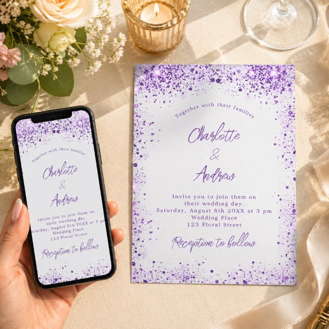 Convite Casamento prata violeta roxo faíscas (Criador carregado)