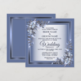 Convite Casamento prateado com Mola Azul-Floral com Frame 