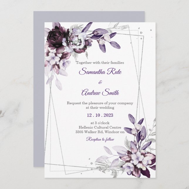 Convite Casamento prateado com roxo e Lavanda (Frente/Verso)
