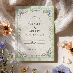 Convite Casamento Préppy com Hortênsia Xadrez Verde