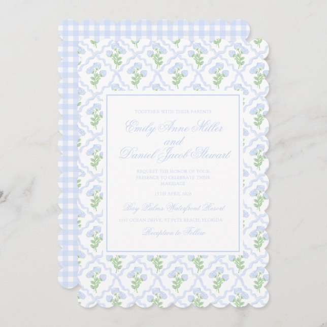 Convite Casamento Preppy Hydrangea Watercolor Trellis (Frente/Verso)