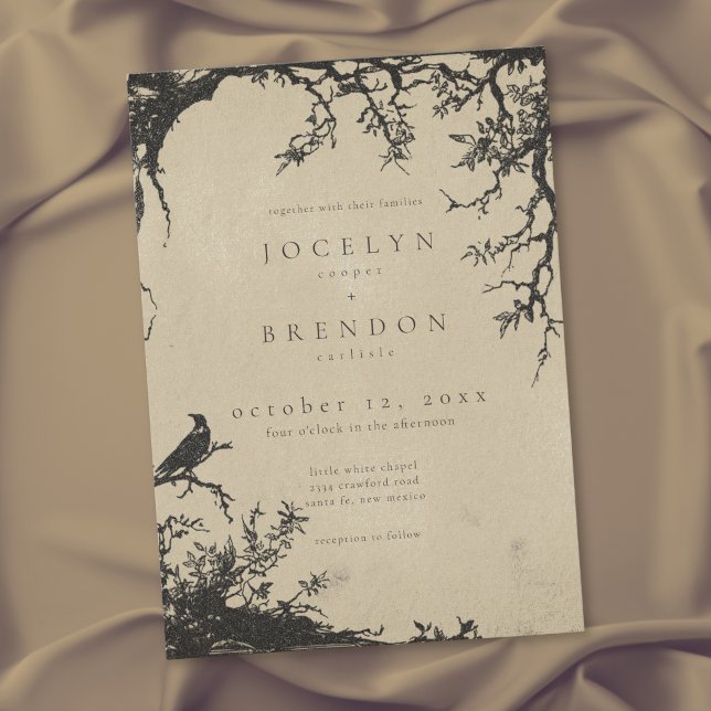 Convite Casamento Preto Bege com Gravação de Árvore de Cor (Gothic Raven Tree Engraving Black Tan Wedding Invitation)