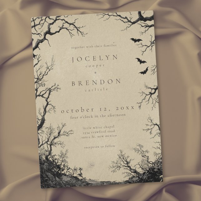 Convite Casamento Preto Bege com Gravação de Morcego em Ár (Gothic Bat Tree Engraving Black Tan Wedding Invitation)