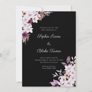 Convite Casamento Preto Boho com Flores Brancas e Rosadas