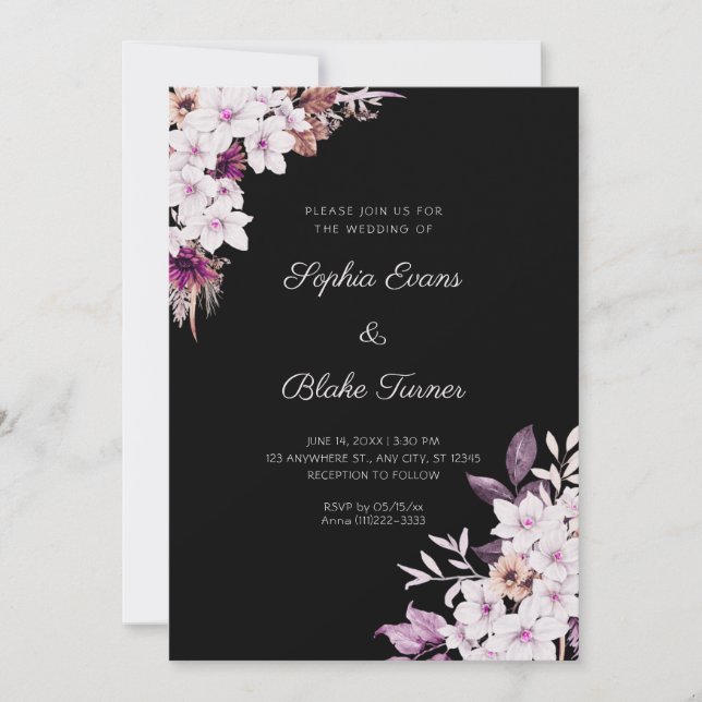 Convite Casamento Preto Boho com Flores Brancas e Rosadas (Frente)