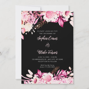 Convite Casamento Preto Boho com Flores Rosas e Brancas