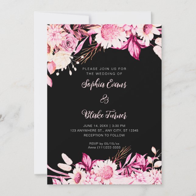 Convite Casamento Preto Boho com Flores Rosas e Brancas (Frente)