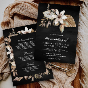 Convite Casamento Preto Boho Palma Seca Floral Tudo em Um