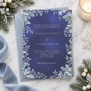 Convite Casamento Preto Botânico de Inverno Azul Gélido