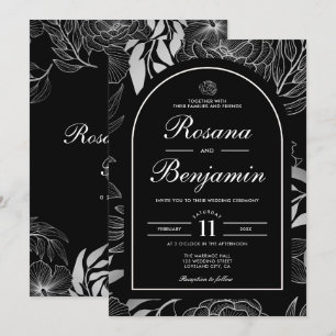 Convite Casamento Preto Botânico Floral Moderno Elegante