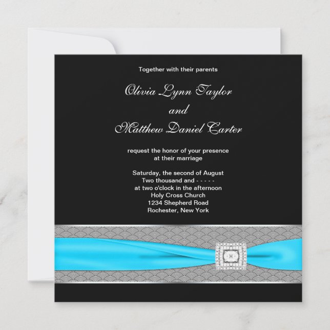 Convite Casamento Preto Branco Azul Turquesa Azul Turquesa (Frente)